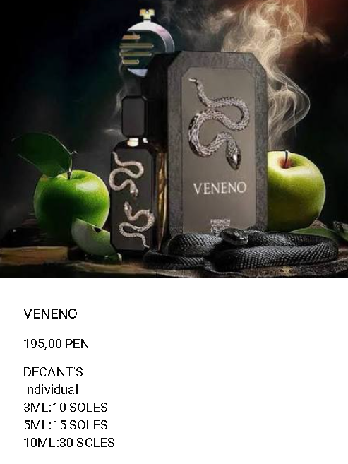 Catálogo de Veneno con frasco, caja y precios de decants