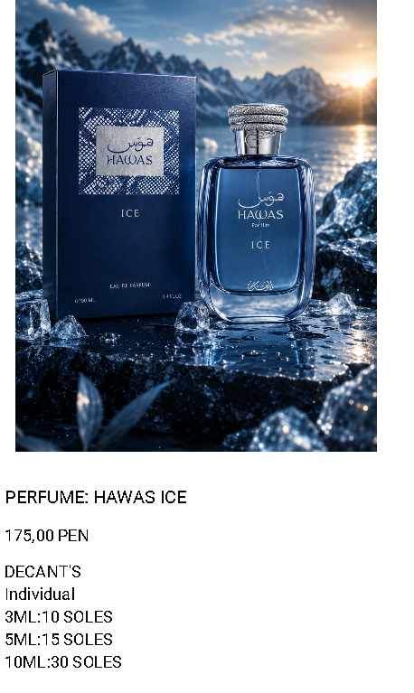 Hawas Ice con frasco, caja y precios de decants