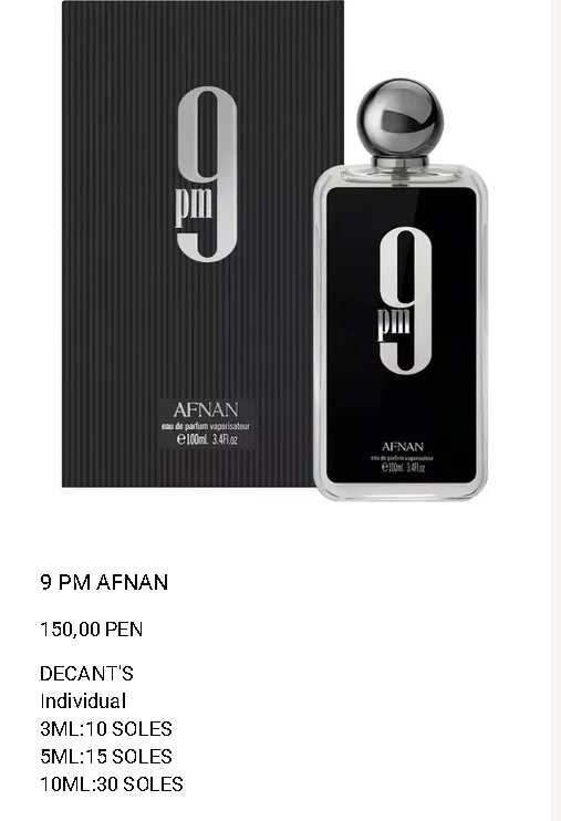 Afnan 9 PM con frasco, caja y precios de decants
