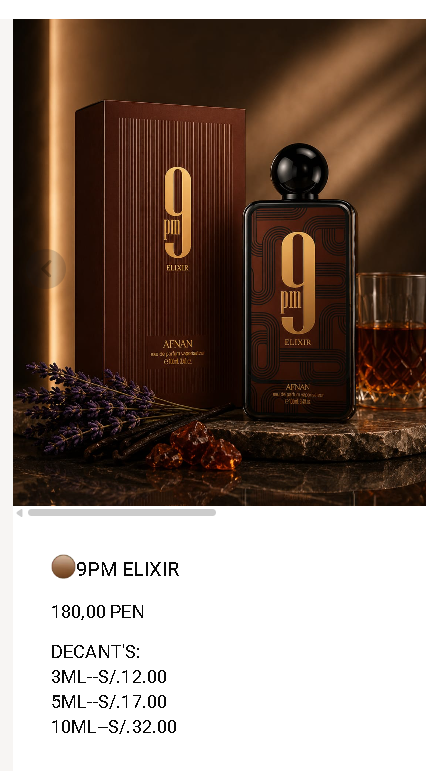 Afnan 9 PM Elixir con frasco, caja y precios de decants