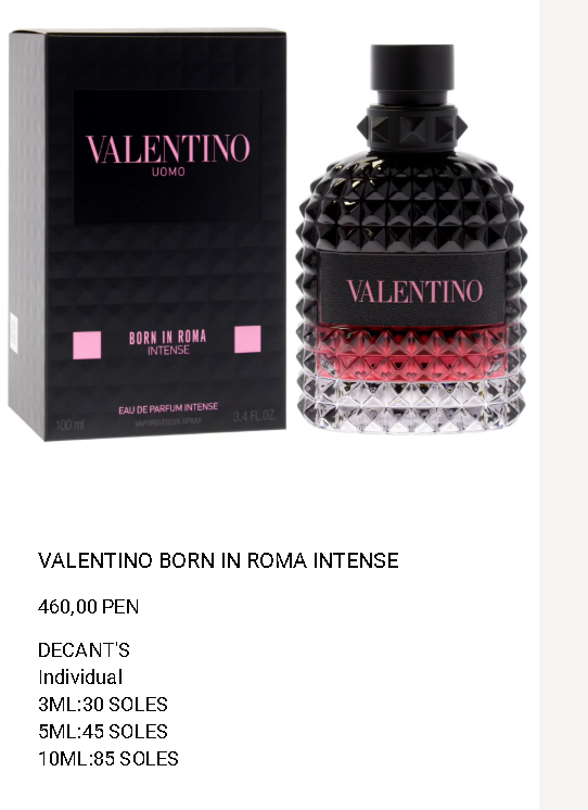 Valentino Born in Roma Intense con frasco, caja y precios de decants